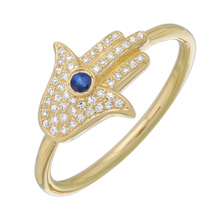 Load image into Gallery viewer, 14K Gold Diamond Hamsa Sapphire Ring
