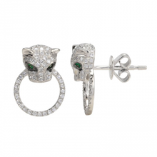 Load image into Gallery viewer, 14K Gold Panther Diamond Earrings / Emerald Eye

