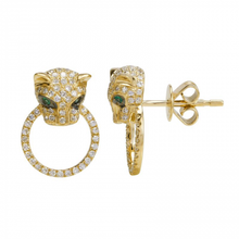 Load image into Gallery viewer, 14K Gold Panther Diamond Earrings / Emerald Eye

