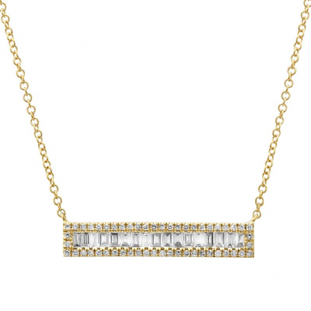 14K Gold Diamond Bar Baguette Necklace