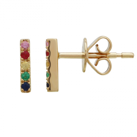 14K Gold Rainbow Bar Multi Sapphire Earrings