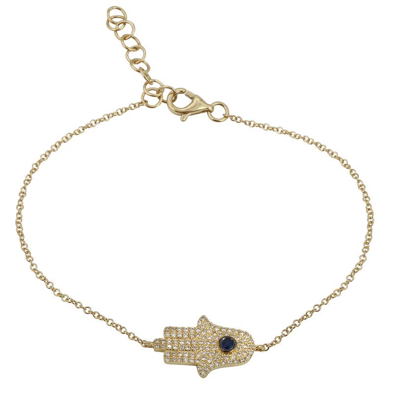 14K Yellow Gold Hamsa Blue Stone Bracelet