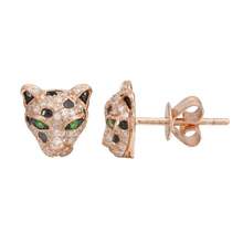 Load image into Gallery viewer, 14K Gold Panther Diamond Earrings/ Emerald Eye
