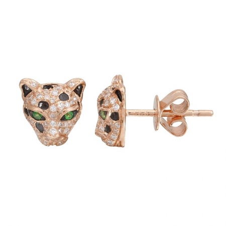14K Gold Panther Diamond Earrings/ Emerald Eye