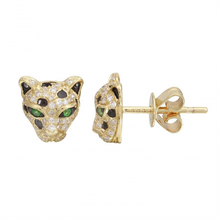 Load image into Gallery viewer, 14K Gold Panther Diamond Earrings/ Emerald Eye

