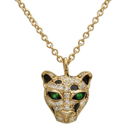 14K Gold Diamond Panther Necklace / Emerald Eye
