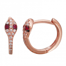 Load image into Gallery viewer, 14K Gold Snake Diamond Huggie Earrings / Ruby Eye
