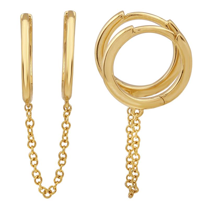 14K Yellow Gold Double Huggie Chain Two Hole Earrings (Sold As Single)