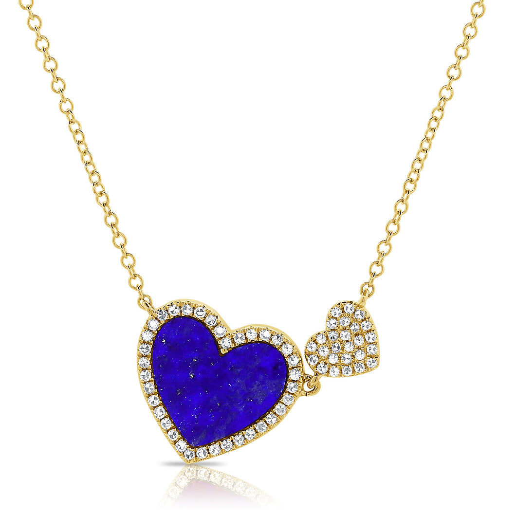 14K Yellow Gold Lapis Double Heart and Diamond Necklace