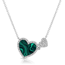 Load image into Gallery viewer, 14K Gold Malachite Double Heart and Diamond Necklace
