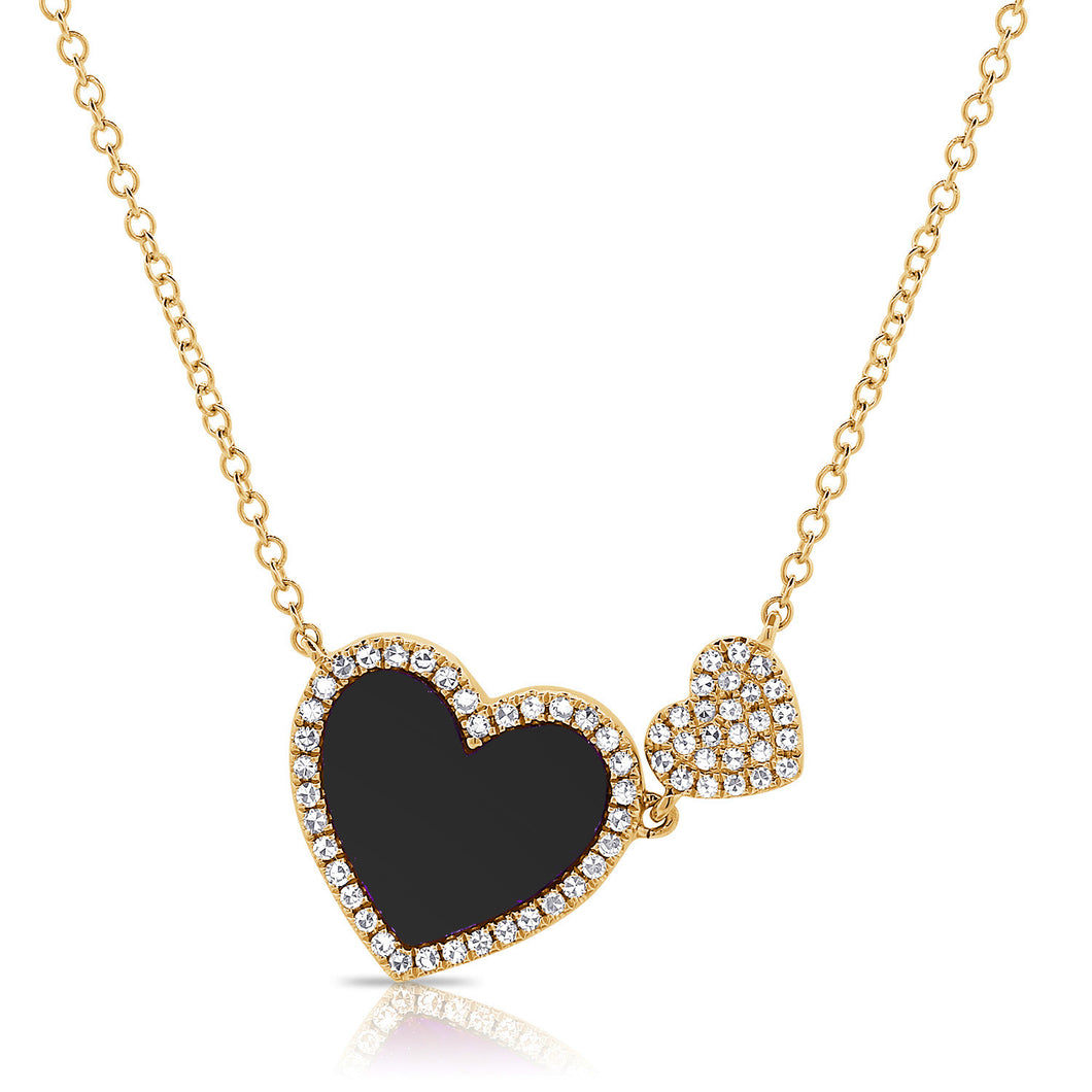 14K Gold Onyx Double Heart and Diamond Necklace