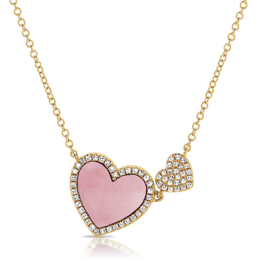 14K Gold Pink Opal Double Heart Necklace