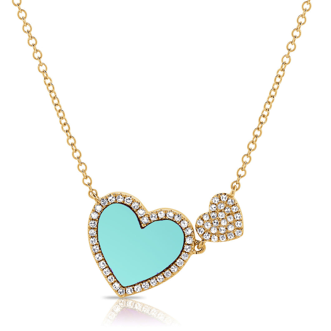 14K Gold Turquoise Double Heart and Diamond Necklace