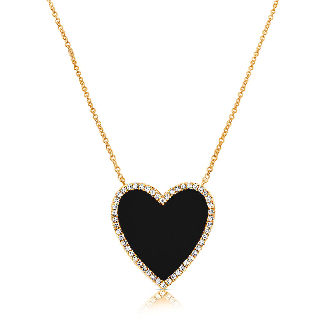 14K Gold Extra Large Onyx and Diamond Heart Necklace