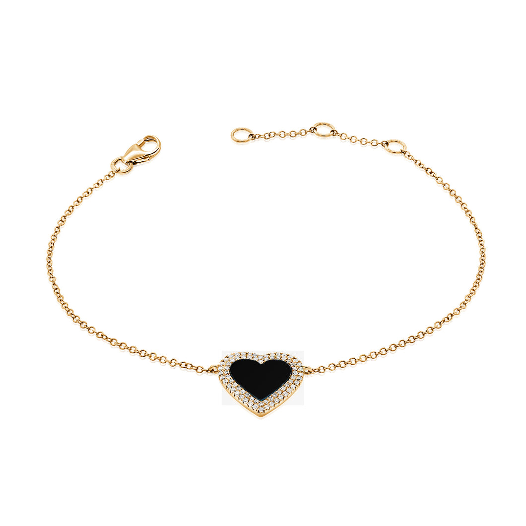 14K Gold Onyx Double Diamond Heart Bracelet