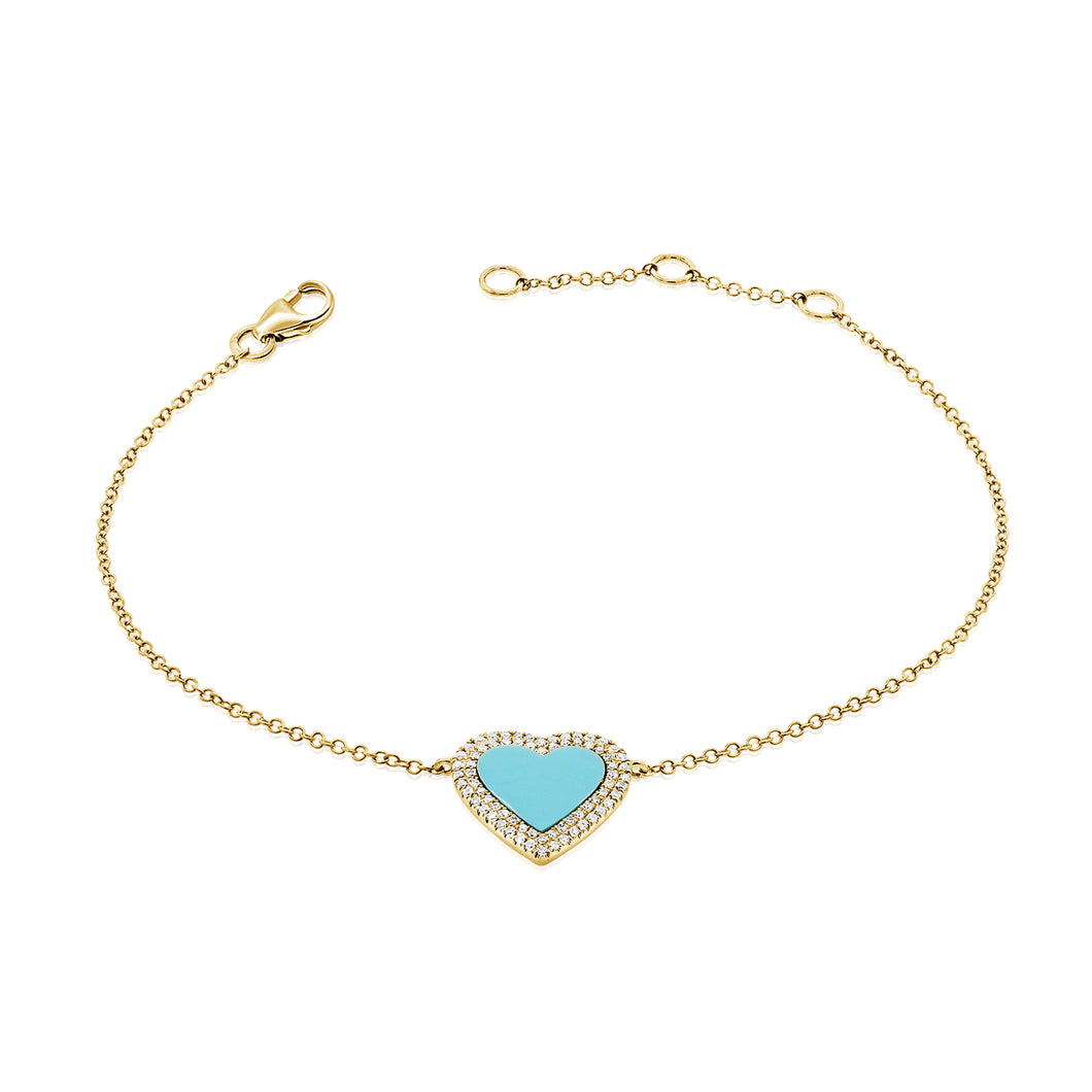 14K Gold Turquoise Heart Double Diamond Bracelet