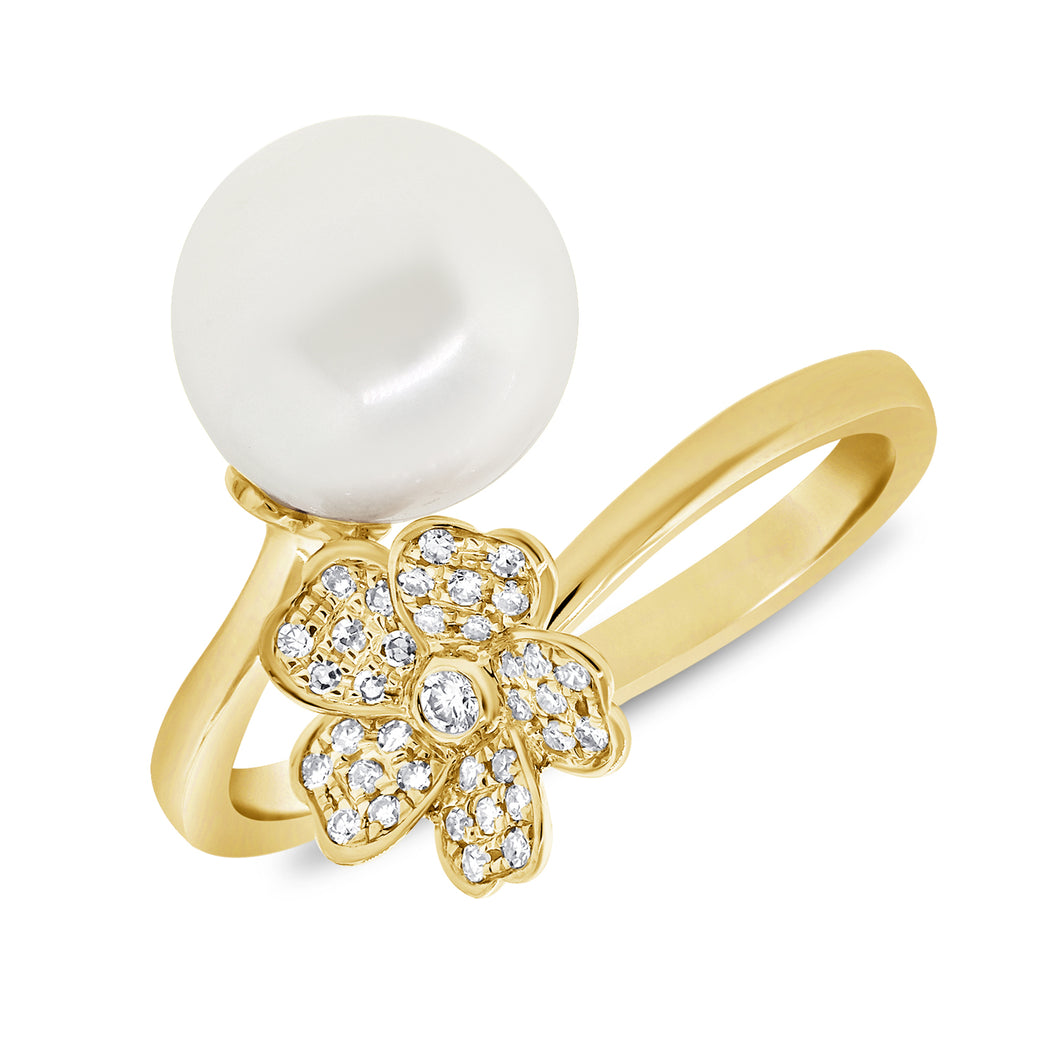 14K Gold Diamond Flower Pearl Ring