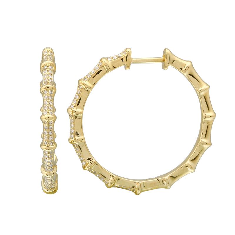 14k Yellow Gold Bamboo Diamond Hoop Earrings