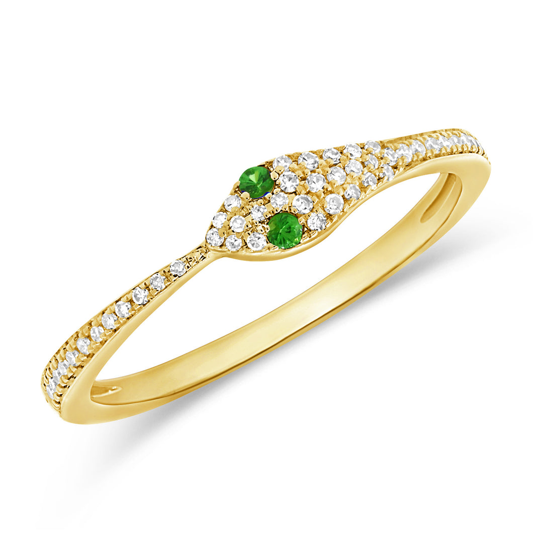 14K Gold Diamond Emerald Eye Snake Ring