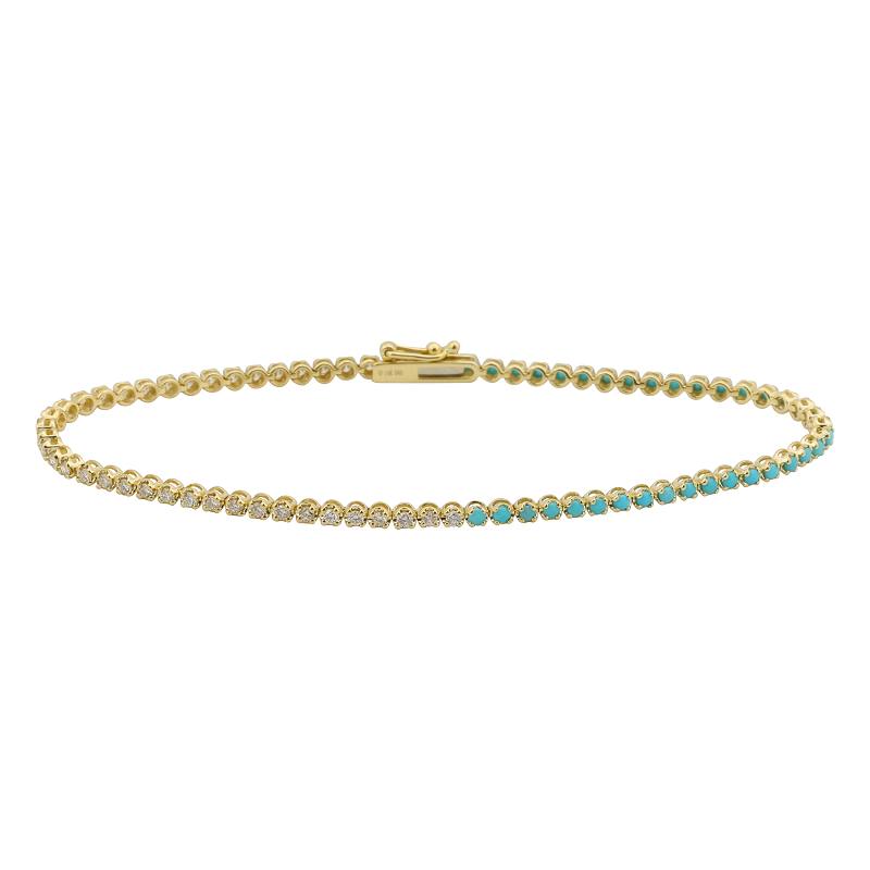 14K Yellow Gold Half Turquoise and Half Diamond Tennis Bracelet