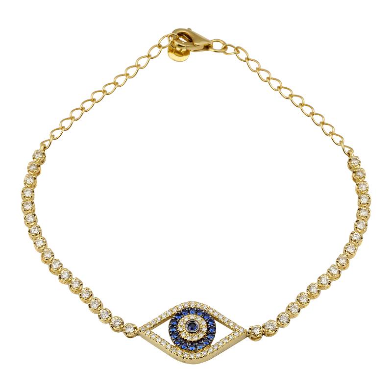 14k Yellow Gold Evil Eye & Diamond Tennis Chain Bracelet