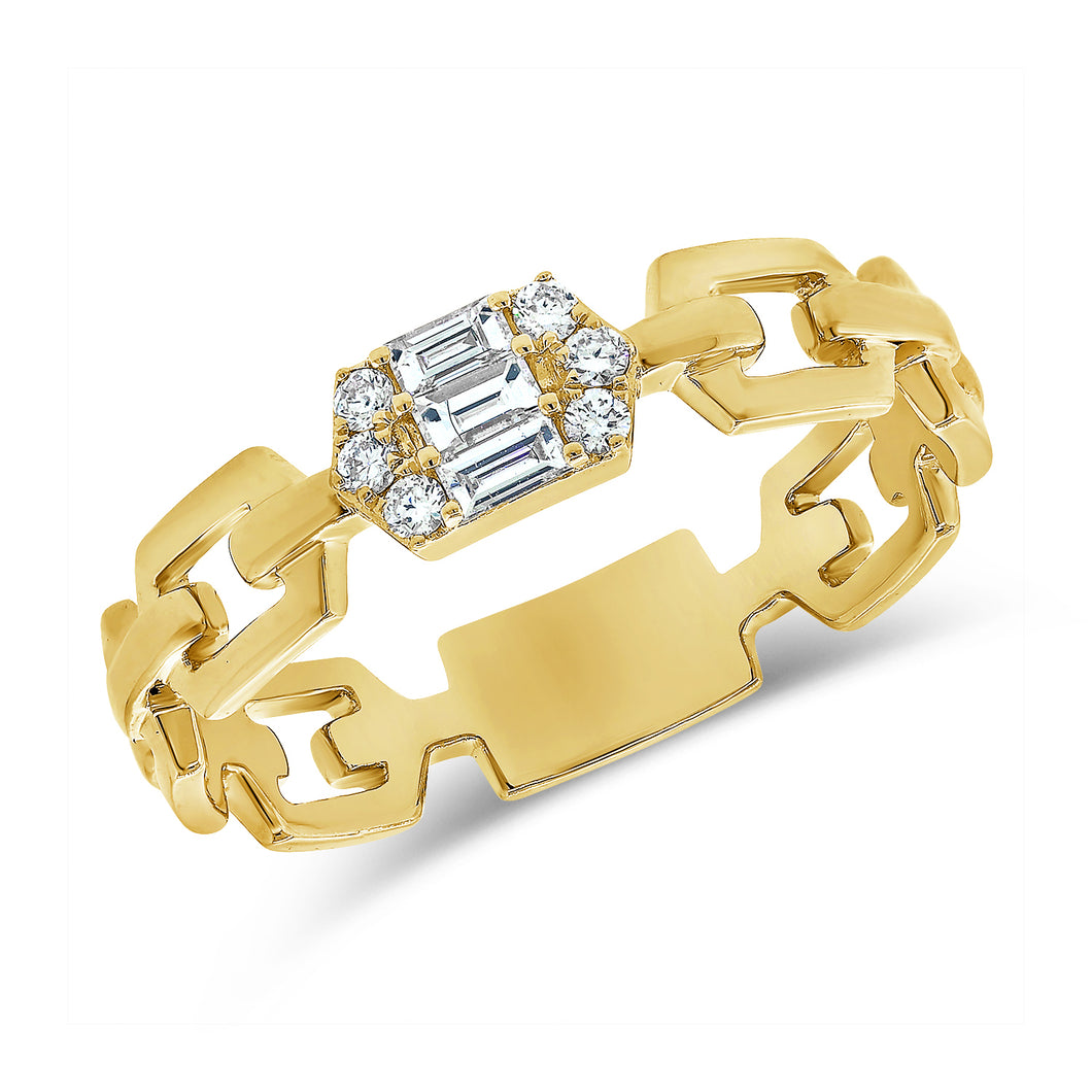 14K Yellow Gold Diamond Chain Link And Baguette Ring