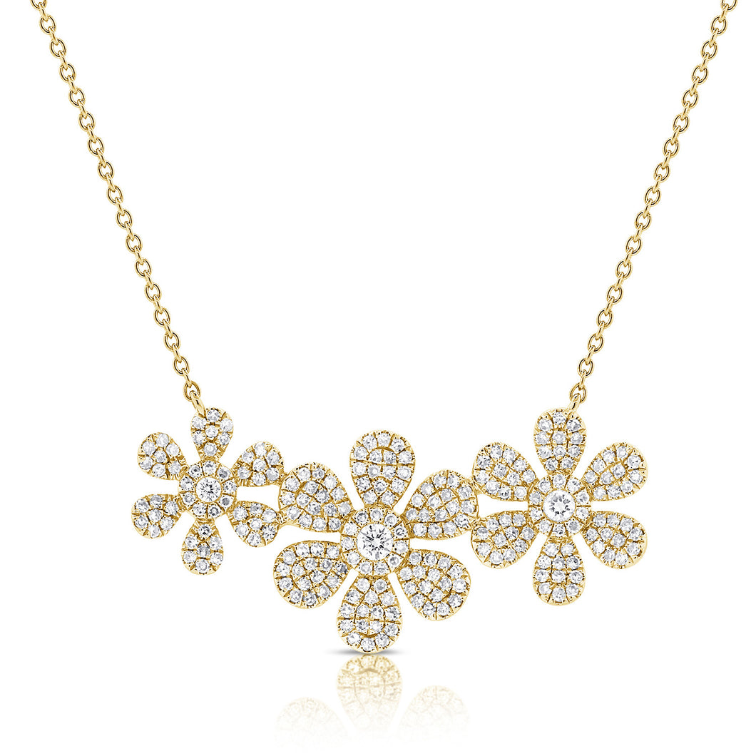 14K Gold Diamond Triple Flower Necklace