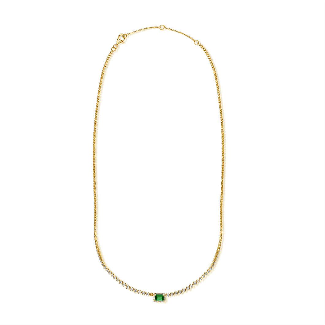 14K Gold Emerald Solitaire and Diamonds Necklace