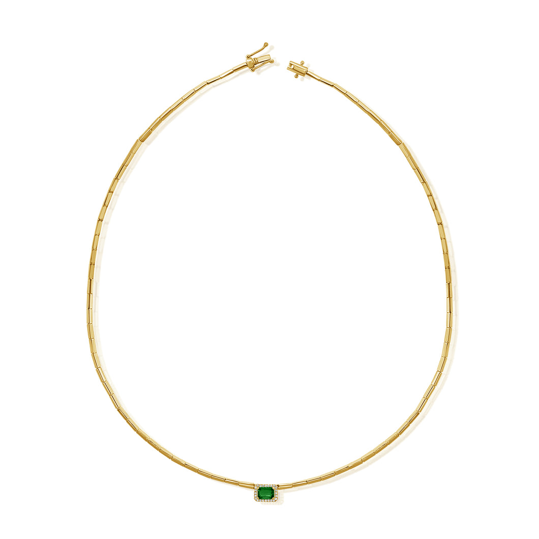 14K Gold Emerald Solitaire Diamond Necklace