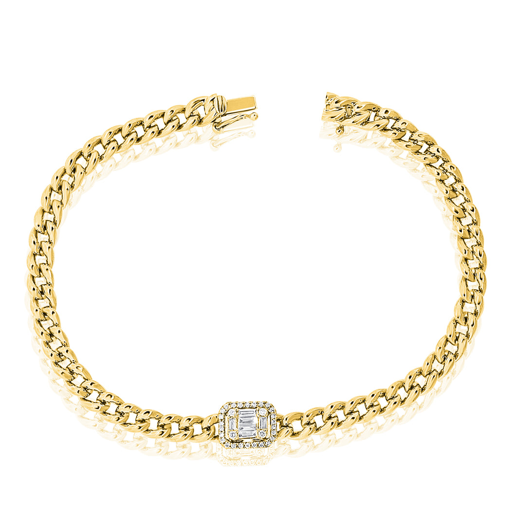14K Gold Cuban Link with Baguette Diamond Bracelet