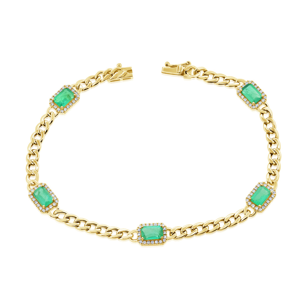 14K Gold Emerald and Diamond Cuban Link Bracelet