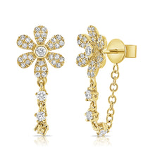 Load image into Gallery viewer, 14K Gold Diamond Flower with Diamond Chain Earrings
