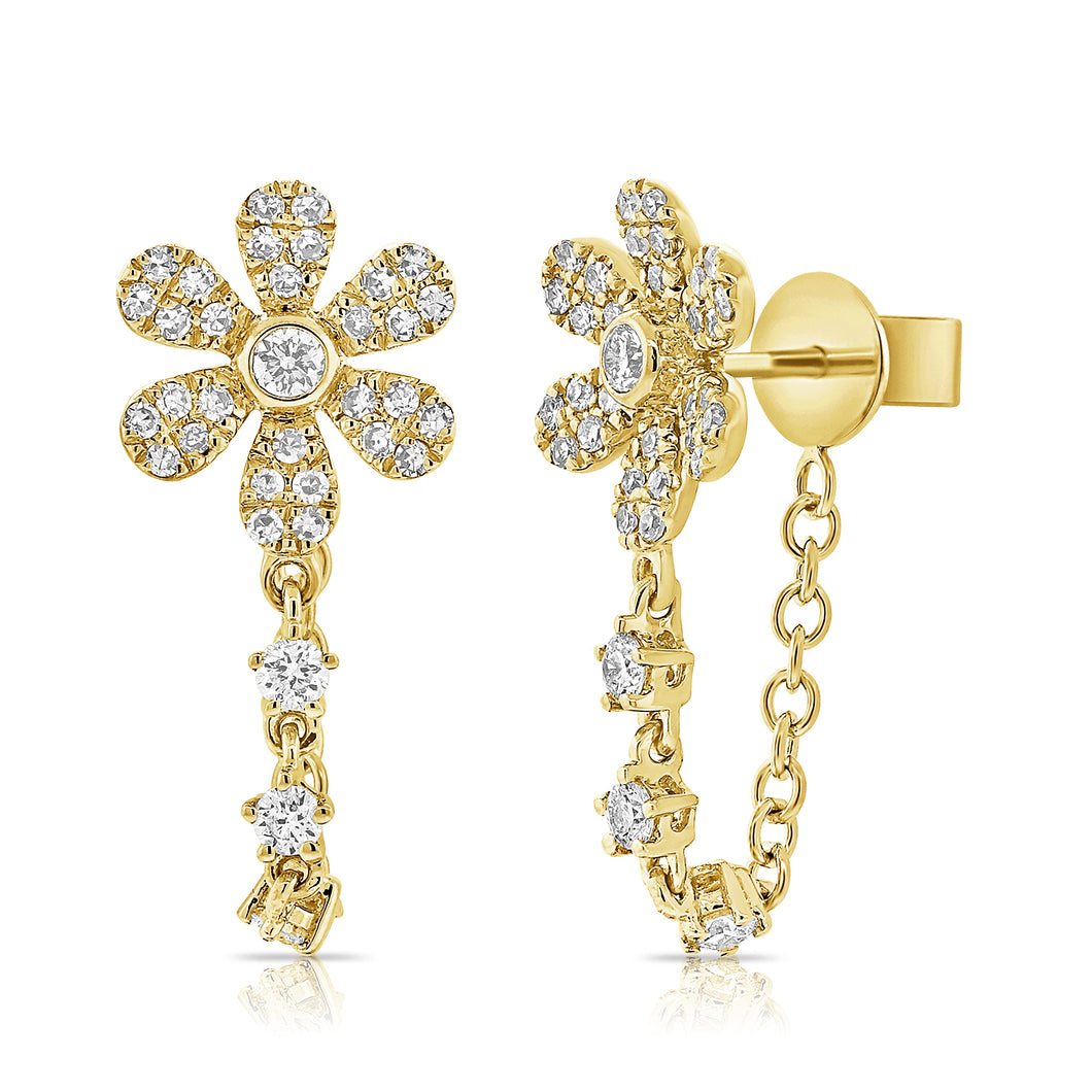 14K Gold Diamond Flower with Diamond Chain Earrings