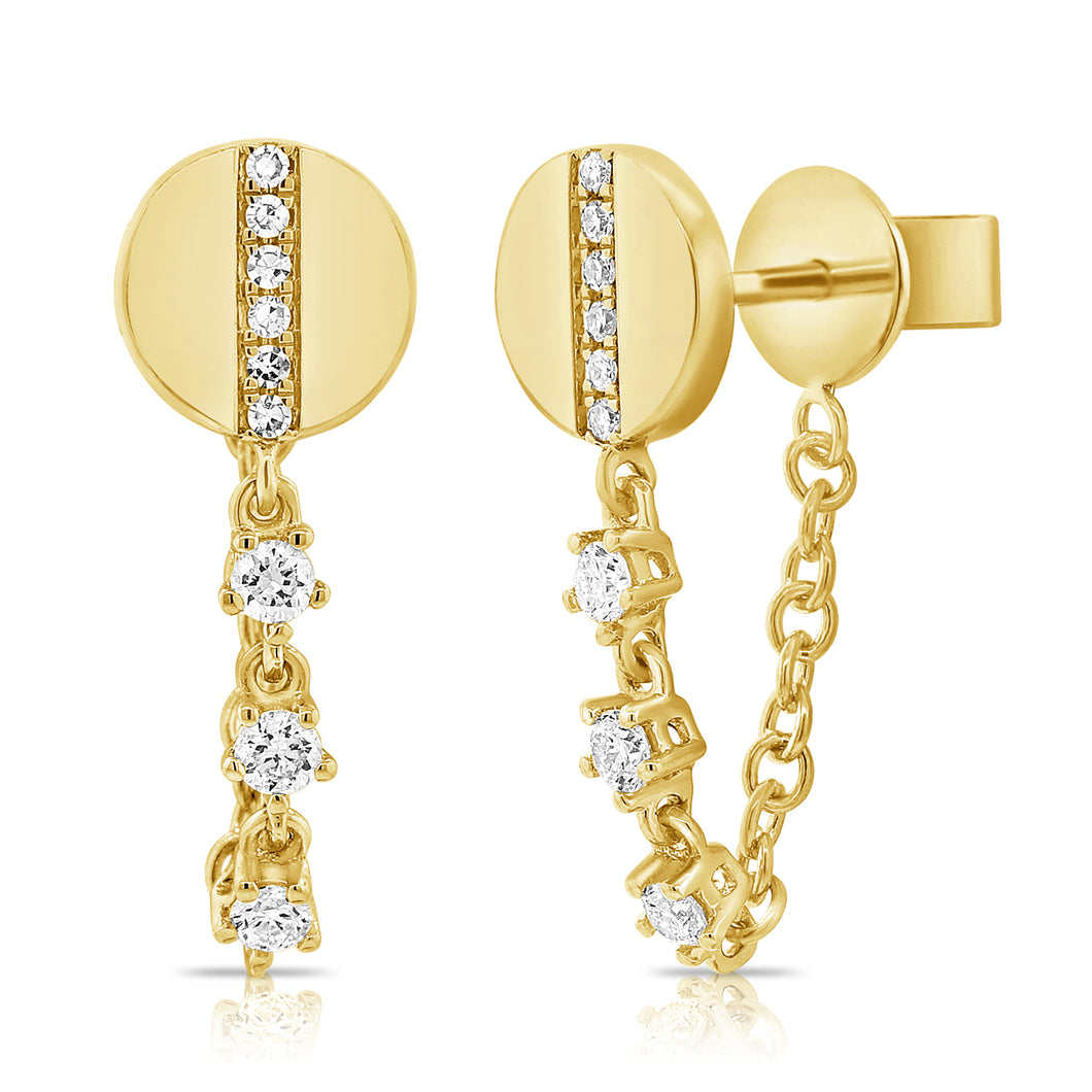 14K Gold Circle Diamond with Diamond Chain Earrings