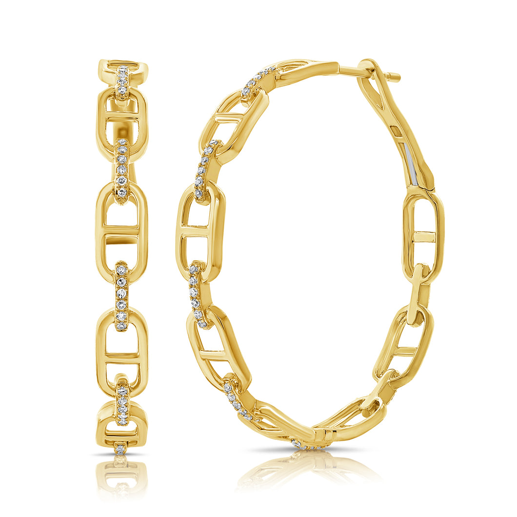14K Gold Diamond Chain Link Hoop Earrings