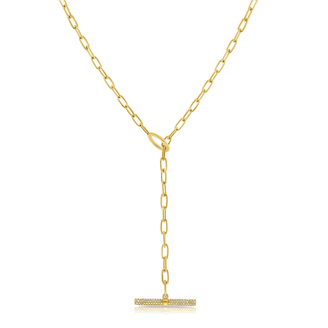 14K Yellow Gold Diamond Chain Link With Diamond Bar Necklace