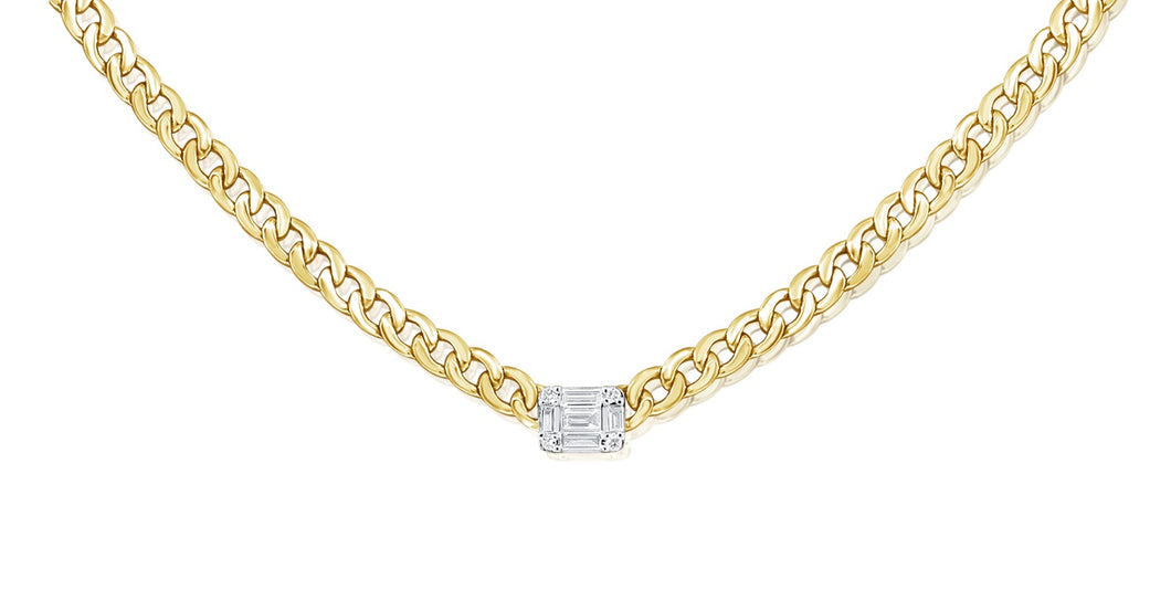 14K Yellow Gold Cuban Link Diamond Baguette Necklace