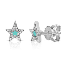 Load image into Gallery viewer, 14K Gold Diamond Mini Turquoise Star Studs
