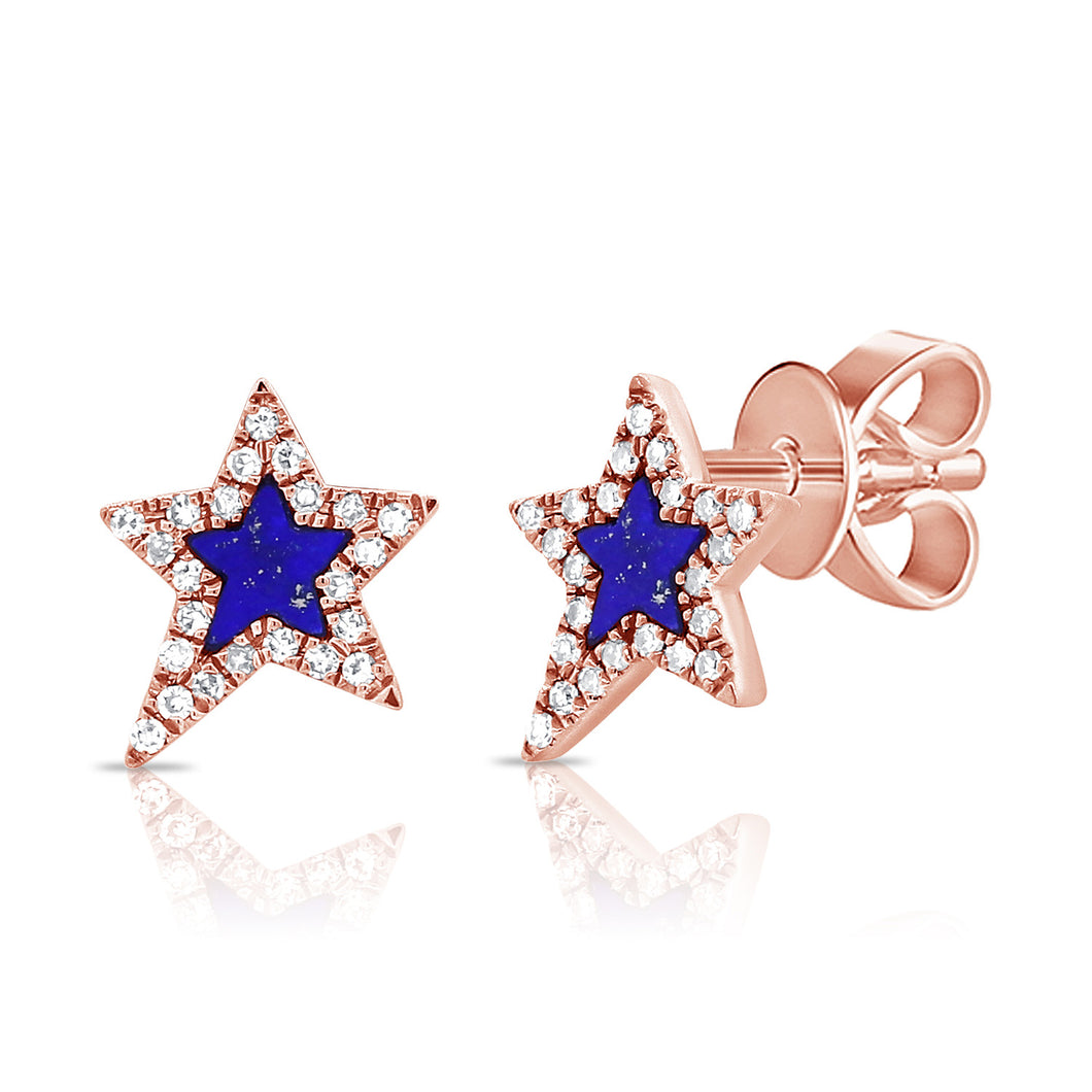 14K Gold Diamond Lapis Star Studs