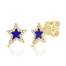 Load image into Gallery viewer, 14K Gold Diamond Lapis Star Studs
