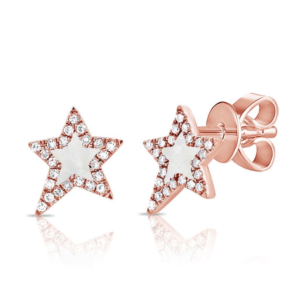 14K Gold Diamond Mother Of Pearl Star Studs