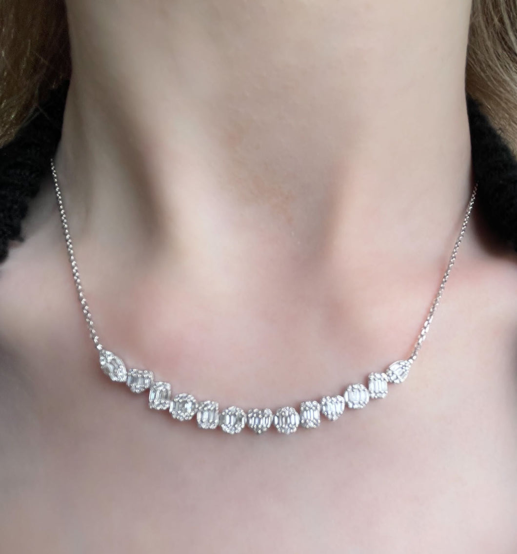 14K White Gold Multi Shape Diamond Baguette Necklace