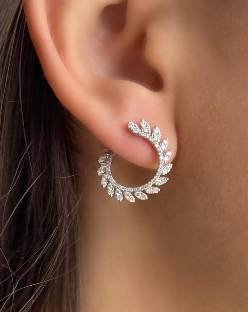 14K White Gold Diamond & Baguette Scoop Earrings