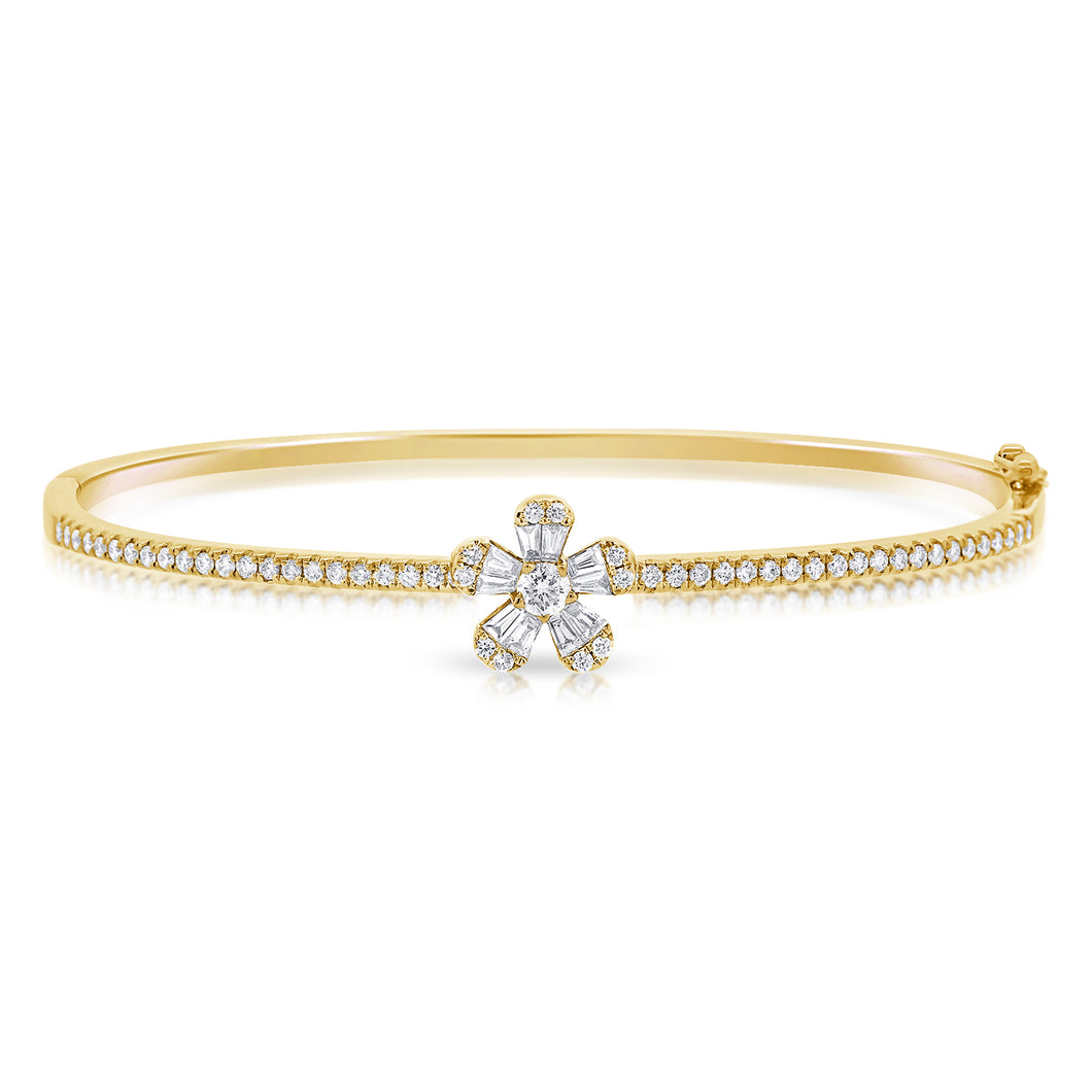 14K Gold Diamond Flower Baguette Bangle