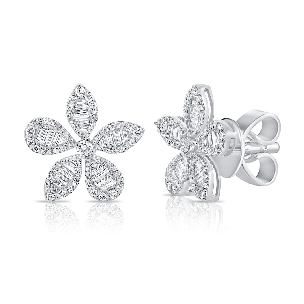14K White Gold Diamond Baguette Flower Earrings