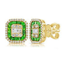 Load image into Gallery viewer, 14K Yellow Gold Emerald Diamond &amp; Baguette Studs
