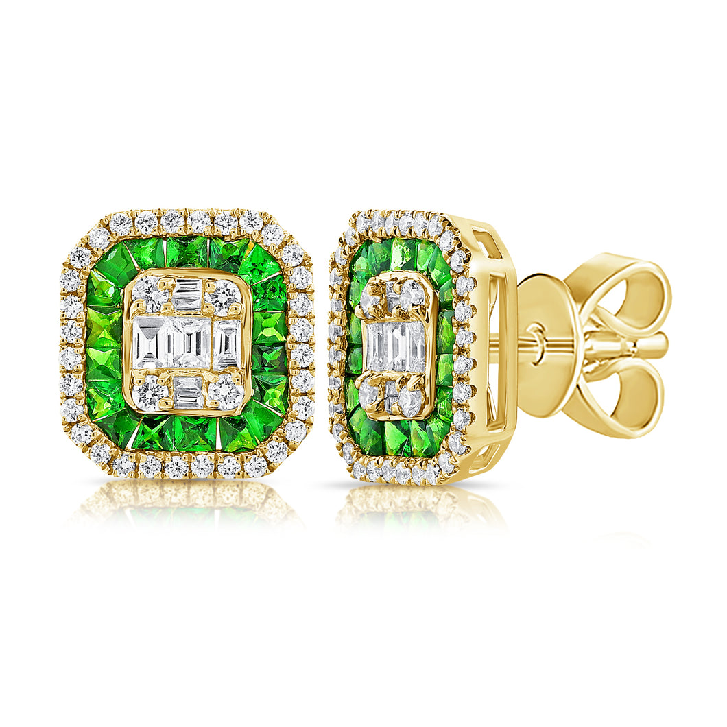 14K Yellow Gold Tsavorite Diamond & Baguette Studs