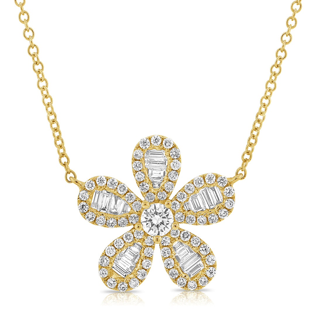 14K Gold Diamond Medium Baguette Flower Necklace