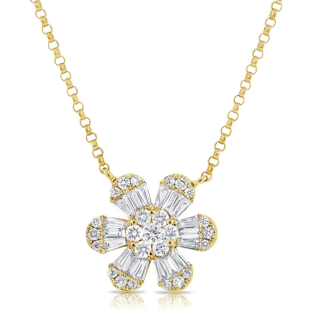 14K Gold Baguette Diamond Medium Flower Necklace