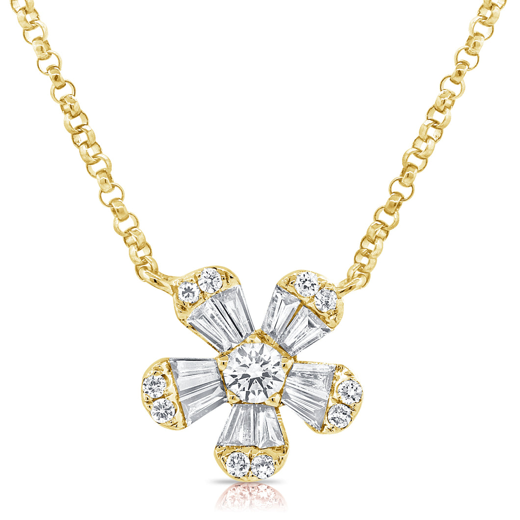 14K Gold Large Baguette Diamond Flower Necklace